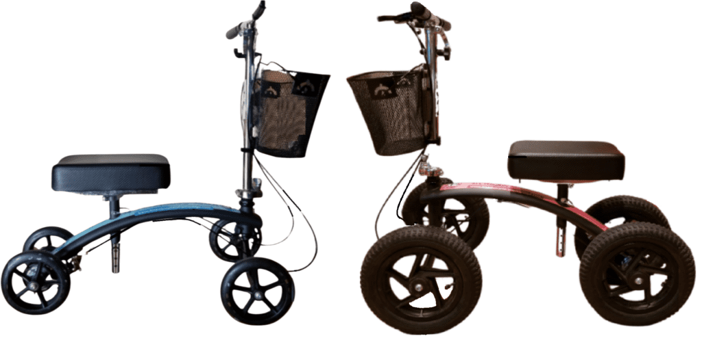 How to Use a Knee Scooter in Colorado Springs? Picture is showing 2 knee scooter models. A standard and an All Terrain knee scooter