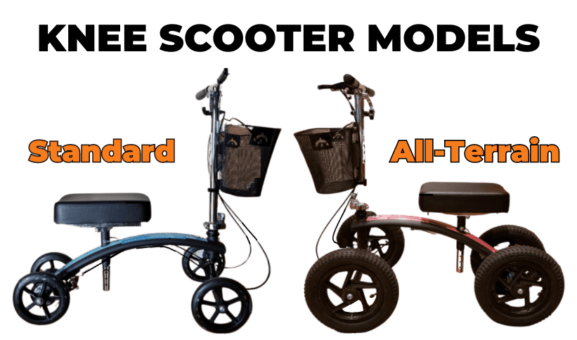 How to use a knee scooter in Greenville. Picture shows 2 types of knee scooters. WE have Standard & an All Terrain.