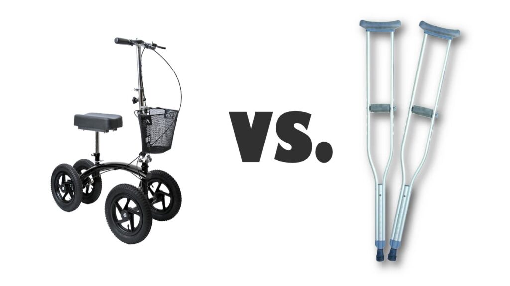 Arlington Knee Scooters - The Better Alternative to Crutches . Picture shows a knee scooter vs. crutches