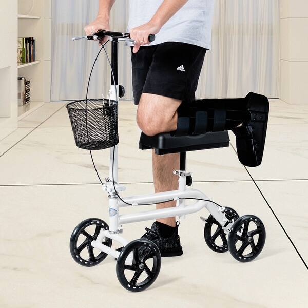 Picture shows a man with leg injury using a standard knee scooter