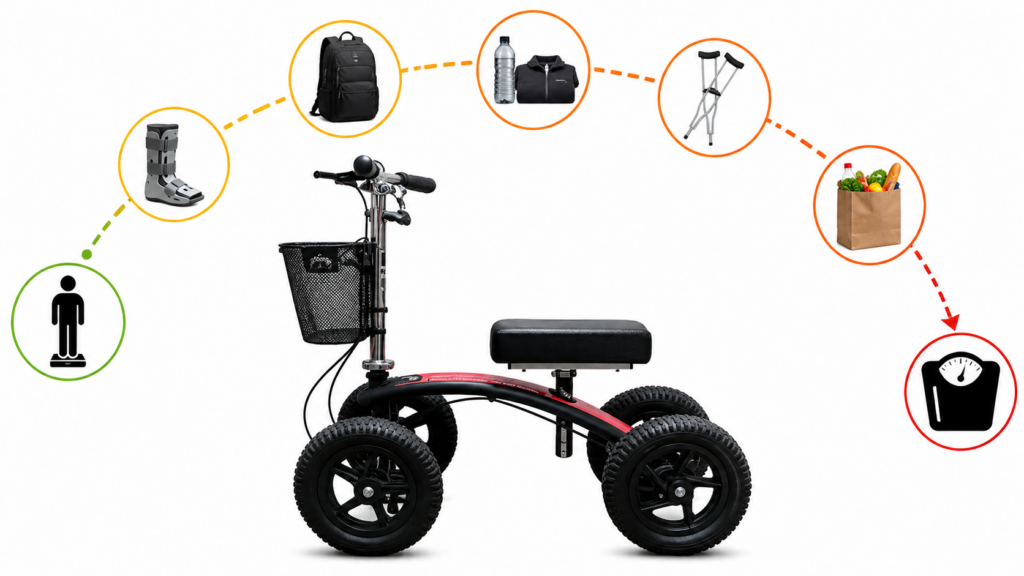 A bag, boot, and winter coat quietly adding pounds to a knee scooter rider's combined load