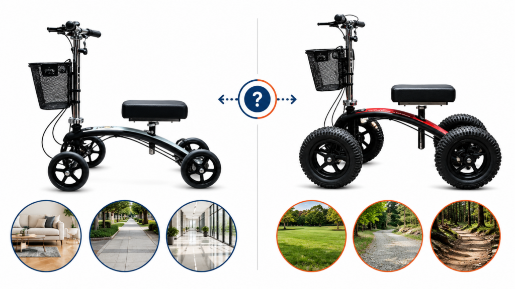 Standard and All-Terrain knee scooters compared by riding surface rather than weight limit